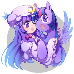 Size: 853x853 | Tagged: safe, artist:sweetsound, twilight sparkle, alicorn, human, pony, cheek to cheek, crossover, cute, duo, female, holding a pony, mare, open mouth, open smile, patchouli knowledge, pixiv, smiling, touhou, twichouli, twilight sparkle (alicorn)