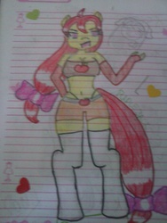 Size: 1536x2048 | Tagged: artist needed, safe, oc, oc only, oc:raplejack, earth pony, anthro, bipedal, bow, breasts, clothes, female, hair bow, lined paper, socks, traditional art