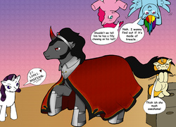 Size: 2255x1621 | Tagged: safe, artist:pixel-spark, king sombra, pinkie pie, rainbow dash, rarity, oc, oc:bright spark, crystal pony, crystal unicorn, earth pony, pegasus, pony, unicorn, fanfic:from darkness to light, g4, boots, cloak, cloaked, clothes, collar, colored horn, crown, crystal pony oc, crystal unicorn oc, curved horn, dark magic, disembodied horn, drawer, eyes closed, female, female oc, filly, filly oc, foal, group, helmet, horn, jewelry, magic, male, nom, quintet, regalia, shoes, smiling, sombra horn, sombra's horn, speech bubble, stallion, stool, tail bite, unicorn oc