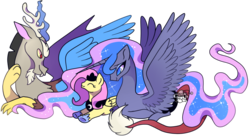 Size: 1279x702 | Tagged: safe, artist:kkitsu, discord, fluttershy, princess luna, g4, cute, ship:lunacord, shipping, simple background