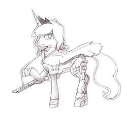 Size: 1390x1252 | Tagged: source needed, safe, artist:i am nude, princess luna, g4, awoken, cloak, clothes, cosplay, destiny (video game), female, gun, looking at you, monochrome, shoes, solo