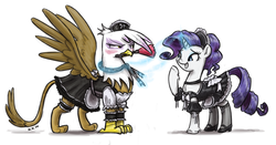 Size: 1280x669 | Tagged: source needed, safe, artist:king-kakapo, gilda, rarity, griffon, pony, unicorn, g4, apron, blushing, bow, chest fluff, choker, clothes, cute, duo, duster, embarrassed, female, frown, garter, giggling, gildadorable, grin, hat, magic, maid, mare, mary janes, mouth hold, ribbon, shoes, smiling, socks, spread wings, stockings, telekinesis, unamused, unshorn fetlocks