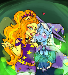 Size: 800x878 | Tagged: safe, artist:puffpink, adagio dazzle, trixie, anthro, equestria girls, g4, my little pony equestria girls: rainbow rocks, adagio dazzle gets around, amulet, blushing, cape, clothes, duo, female, gem, hat, heart, horn, jewelry, lesbian, nail polish, negative energy, ponied up, shipping, siren gem, sweat, triagio, trixie's cape, trixie's hat