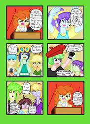 Size: 1700x2338 | Tagged: safe, artist:oneovertwo, applejack, aqua blossom, blueberry cake, bright idea, cherry crash, cloudy kicks, drama letter, golden hazel, starlight, velvet sky, watermelody, comic:watermelody's campaign, equestria girls, g4, background human, comic, cuffs