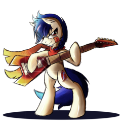 Size: 1984x2028 | Tagged: safe, artist:ruhisu, oc, oc only, oc:razoredge, earth pony, pony, bipedal, clothes, electric guitar, guitar, male, musical instrument, scarf, smiling, solo, stallion