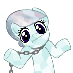 Size: 894x894 | Tagged: dead source, safe, artist:tineid, crystal pony, pony, :i, chains, collar, female, ignorance is bliss, image macro, looking at you, mare, meme, shrug, shrugpony, simple background, slave, slavery, solo, transparent background