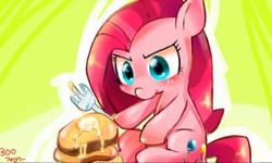 Size: 512x308 | Tagged: safe, artist:miki 14, pinkie pie, earth pony, pony, g4, cute, cuteamena, diapinkes, eyes on the prize, female, fork, glare, hoof hold, pancakes, pinkamena diane pie, sitting, solo