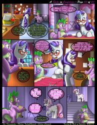 Size: 1165x1500 | Tagged: safe, artist:kitsuneyoukai, rarity, spike, sweetie belle, dragon, pony, unicorn, comic:a spike in confidence, g4, butt, cockblock, comic, corridor, courtship, dialogue, errand, explicit source, female, glasses, implied anus, interior, looking back, male, mare, pencil, plot, pretty, rarity's bedroom, scissors, scroll, sewing, shopping list, talking, underhoof, wingless spike, working