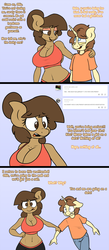 Size: 1700x3882 | Tagged: safe, artist:stunnerpone, oc, oc only, oc:georgia lockheart, oc:ollie cotter, anthro, anthro oc, belly button, big breasts, breasts, cleavage, clothes, comic, dialogue, female, georgia replies, looking at each other, midriff, oc x oc, shipping, sports bra, tumblr