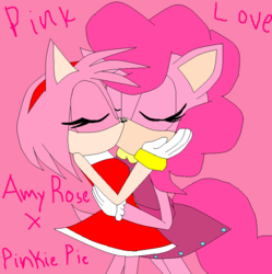 Size: 760x762 | Tagged: safe, artist:soniccharactersrules, pinkie pie, earth pony, anthro, g4, amy rose, amypie, crossover, crossover shipping, female, kissing, lesbian, ms paint, pink background, simple background, sonic the hedgehog (series), sonicified, style emulation