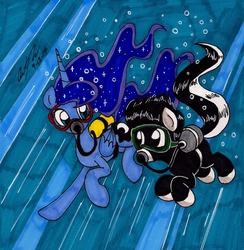 Size: 1341x1375 | Tagged: safe, artist:newyorkx3, princess luna, oc, oc:tommy junior, g4, bubble, colt, duo, female, foal, goggles, male, mare, scuba diving, scuba gear, traditional art, underwater