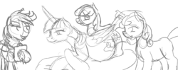 Size: 1555x615 | Tagged: safe, artist:patch, apple bloom, scootaloo, sweetie belle, twilight sparkle, alicorn, pony, g4, belly, cutie mark crusaders, female, listening, mare, monochrome, older, pregnant, prone, sketch, stethoscope, twilight sparkle (alicorn)