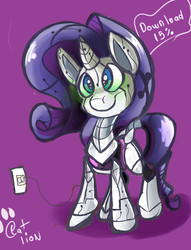 Size: 3196x4174 | Tagged: safe, artist:catlion3, rarity, pony, robot, robot pony, unicorn, g4, charging, download, etc, female, glowing eyes, hooves, horn, mare, plug, purple background, raribot, simple background, smiling, solo, text