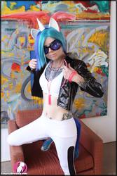 Size: 800x1200 | Tagged: dead source, safe, artist:cosplaydeviants, artist:dovah, dj pon-3, vinyl scratch, human, g4, clothes, cosplay, cosplay deviants, fake ears, fake horn, fake tail, female, glowstick, irl, irl human, photo, solo, tattoo, text, wall of text