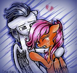 Size: 918x870 | Tagged: safe, artist:frostykat13, rumble, scootaloo, g4, comforting, crying, cute, eyes closed, female, heart, hug, male, older, rain, sad, ship:rumbloo, shipping, straight