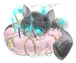 Size: 1046x862 | Tagged: safe, artist:alloyrabbit, oc, oc only, oc:orchid, kaiju, kaiju pony, monster pony, antennae, birthday cake, cake, candle, eating, glowing eyes, hiding, looking at you, solo