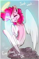 Size: 1000x1500 | Tagged: safe, artist:suplolnope, pinkie pie, angel, g4, eyes closed, female, halo, happy, implied death, smiling, solo, wings