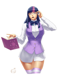 Size: 900x1216 | Tagged: safe, artist:lvl, twilight sparkle, human, g4, 2014, book, bottomless, bowtie, breasts, busty twilight sparkle, clothes, curvy, female, glasses, humanized, school uniform, schoolgirl, shirt, socks, solo, stockings, striped socks, stupid sexy twilight, the ass was fat, thigh highs, thighs