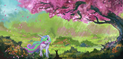 Size: 1024x490 | Tagged: safe, artist:lukeine, princess celestia, rabbit, g4, cherry, flower, flower blossom, petals, scenery, wind