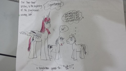Size: 4128x2322 | Tagged: safe, artist:horsesplease, oc, oc:fausticorn, alicorn, earth pony, pony, houyhnhnm, i regret nothing, japanese, kanji, lauren faust, lauren faust is not amused, panic, ponified, traditional art, unamused, uso da