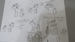 Size: 4128x2322 | Tagged: safe, artist:horsesplease, oc, oc only, comic, fluffy, frown, glare, kettle, open mouth, sketch, smiling, thought bubble, traditional art, wat, wide eyes