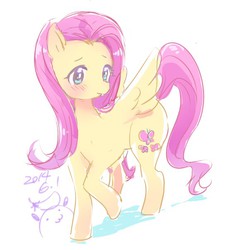 Size: 562x602 | Tagged: safe, artist:kaitarisuru, fluttershy, pegasus, pony, g4, blushing, cute, female, pixiv, shyabetes, simple background, solo, white background