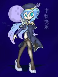 Size: 600x800 | Tagged: safe, artist:w.wheat, princess luna, human, g4, beret, chinese, clothes, dress, female, humanized, pixiv, side slit, solo, thigh highs