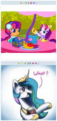 Size: 285x604 | Tagged: safe, screencap, princess celestia, scootaloo (g3), sweetie belle (g3), g3, g3.5, g4, twinkle wish adventure, clothes, cookie, creepy, dexterous hooves, holding, hoof hold, implications, popcorn