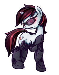 Size: 1280x1623 | Tagged: safe, artist:inlucidreverie, oc, oc only, oc:blackjack, cyborg, pony, unicorn, fallout equestria, fallout equestria: project horizons, amputee, augmented, cybernetic legs, deal with it, level 2 (project horizons), my vision is augmented, scowl, simple background, solo, sunglasses, transparent background