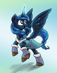 Size: 1050x1350 | Tagged: dead source, safe, artist:lovelyneckbeard, princess luna, g4, alternate hairstyle, boots, clothes, female, glowing horn, happy, horn, solo, spread wings