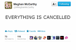 Size: 505x331 | Tagged: safe, background pony strikes again, fake, faker than a three dollar bill, meghan mccarthy, op is a duck, op is trying to start shit, seems legit, text, twitter, xk-class end-of-the-world scenario