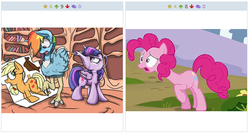 Size: 515x275 | Tagged: safe, applejack, pinkie pie, rainbow dash, twilight sparkle, alicorn, ostrich, pony, derpibooru, g4, cardboard cutout, exploitable meme, female, fourth wall, juxtaposition, juxtaposition win, mare, meme, meta, teapot sparkle, transformation, twilight sparkle (alicorn)