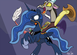 Size: 900x636 | Tagged: dead source, safe, artist:mistydash, discord, princess luna, alicorn, draconequus, pony, g4, bit, bridle, cowboy hat, discord riding luna, female, hat, horses doing horse things, livestock play, male, mare, open mouth, rearing, reins, riding, rodeo, saddle, signature, tack