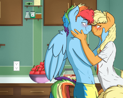 Size: 2172x1739 | Tagged: safe, artist:nolycs, applejack, rainbow dash, earth pony, pegasus, anthro, g4, apple, bed mane, bedroom eyes, blushing, boop, bottomless, boxers, clothes, cupboard, electrical outlet, eye contact, female, fluffy, food, half r63 shipping, kitchen, male, messy mane, morning ponies, noseboop, outlet, pareidolia, rainbow blitz, rule 63, ship:appleblitz, ship:appledash, shipping, smiling, straight, topless, underwear, us plug