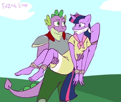 Size: 819x691 | Tagged: safe, artist:thefazoob, spike, twilight sparkle, anthro, plantigrade anthro, g4, barefoot, bondage, bound and gagged, bound wings, bridal carry, carrying, cloth gag, feet, female, femsub, gag, knight, knight rescues the princess, male, maledom, ship:twispike, shipping, straight, submissive, twilight sparkle (alicorn), twisub