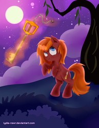 Size: 743x960 | Tagged: safe, artist:lydia-rawr, oc, oc:rockshire, pony, unicorn, bipedal, confident, crossover, cute, disney, filly, full moon, keyblade, kingdom hearts, looking up, magic, moon, night, smiling, tree