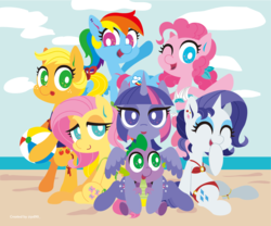 Size: 1280x1067 | Tagged: safe, artist:pixiedot9, applejack, fluttershy, pinkie pie, rainbow dash, rarity, spike, twilight sparkle, alicorn, pony, g4, beach, bikini, clothes, cute, female, mane seven, mane six, mare, swimsuit, twilight sparkle (alicorn)