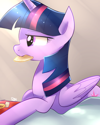 Size: 800x1000 | Tagged: safe, artist:sion-ara, twilight sparkle, alicorn, pony, g4, colored, crackers, eating, female, food, lighting, mare, mouth hold, prone, shading, solo, twilight sparkle (alicorn)