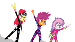 Size: 1280x720 | Tagged: safe, artist:poniiandii, apple bloom, scootaloo, sweetie belle, equestria girls, g4, my little pony equestria girls: rainbow rocks, cutie mark crusaders, devil horn (gesture), grin, pointing, show stopper outfits, simple background, smiling, svg, transparent background, vector