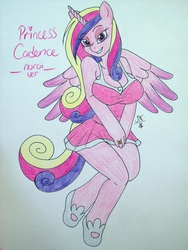 Size: 768x1024 | Tagged: safe, artist:sangee-13-neuroy, princess cadance, anthro, g4, breasts, busty princess cadance, cleavage, clothes, dress, female, solo, wifehorse