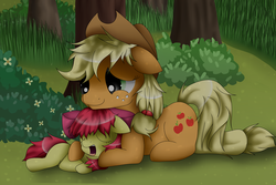 Size: 1500x1000 | Tagged: safe, artist:bristlespark, apple bloom, applejack, g4, floppy ears, hug, prone, sleeping, tired