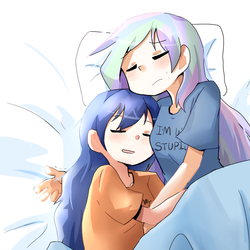Size: 800x800 | Tagged: safe, artist:gyaheung, princess celestia, princess luna, human, g4, bed, blame my sister, clothes, cuddling, duo, eyes closed, humanized, i'm with stupid, royal sisters, shirt, sisters, snuggling, text on clothing, text on shirt