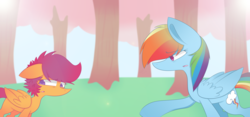 Size: 6786x3170 | Tagged: safe, artist:scootaloocuteness, rainbow dash, scootaloo, pegasus, pony, g4, duo, duo female, female, grass, looking away, mare, open mouth, talking, tree