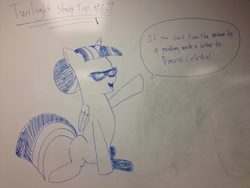 Size: 1600x1200 | Tagged: safe, twilight sparkle, alicorn, pony, g4, female, glasses, hair bun, mare, photo, solo, twilight sparkle (alicorn), whiteboard