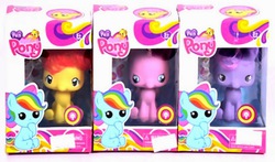 Size: 677x398 | Tagged: safe, apple bloom, applejack, pinkie pie, rainbow dash, twilight sparkle, g4, abomination, baby, baby dash, bootleg, derp, female, fun lovely pony, funko pop!, irl, made in china, photo, toy, younger