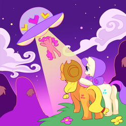 Size: 900x900 | Tagged: safe, artist:marihico, applejack, pinkie pie, rarity, alien, earth pony, pony, unicorn, g4, abduction, alien abduction, butt, female, flying saucer, i must go, mare, plot, ufo