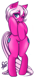 Size: 750x1662 | Tagged: safe, artist:rainbowsaliva, oc, oc only, pony, bipedal, both cutie marks, cute, cute little fangs, eyebrows, featureless crotch, female, freckles, heart, heart eyes, licking, mare, solo, underass, wide hips, wingding eyes