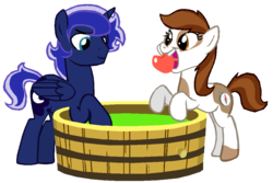 Size: 1048x698 | Tagged: safe, artist:dilemmas4u, pipsqueak, princess luna, g4, apple, female, female to male, male, male to female, mare, older, pipi, prince artemis, rule 63, ship:lunapip, shipping, show accurate, simple background, stallion, straight, transparent background