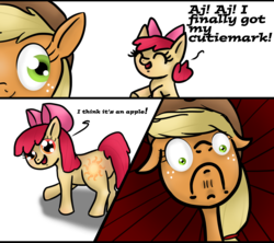 Size: 2400x2131 | Tagged: safe, artist:smilingm00n, apple bloom, applejack, earth pony, pony, g4, blasphemy, butt, catasterism, comic, cutie mark, dishonorapple, female, filly, floppy ears, foal, frown, happy, high res, implied princess celestia, mare, open mouth, plot, smiling, wide eyes