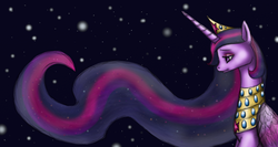 Size: 1366x728 | Tagged: safe, artist:smilingm00n, twilight sparkle, alicorn, pony, g4, ethereal mane, female, jewelry, mare, older, regalia, solo, starry backdrop, twilight sparkle (alicorn), ultimate twilight